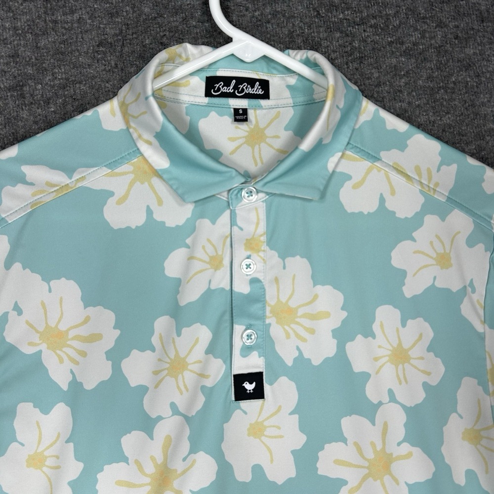 Bad Birdie Polo Shirt Mens‎ S Blue White Floral Print AOP Golf Stretch